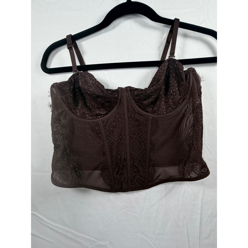 Faded Rose Brown Lace Mesh Corset Top Bustier‎ Hook Eye Closure Large